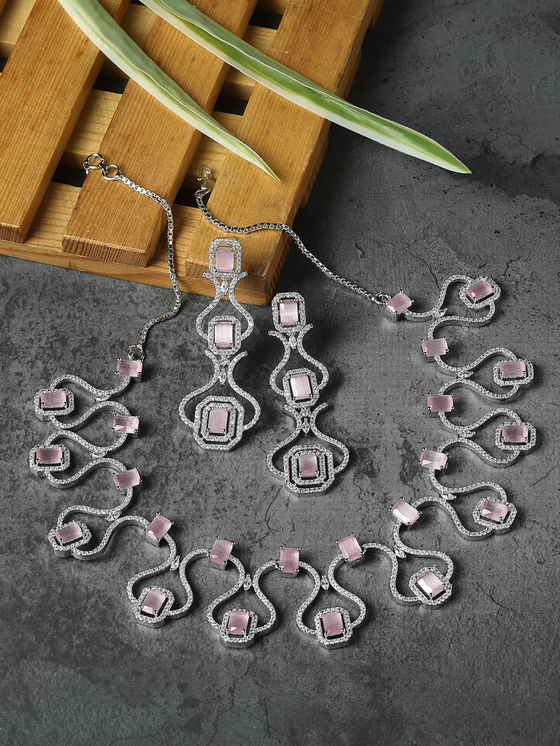 Rhodium-Plated Pink American Diamond Studded Outlandish Design Necklace & Earrings Jewellery Set