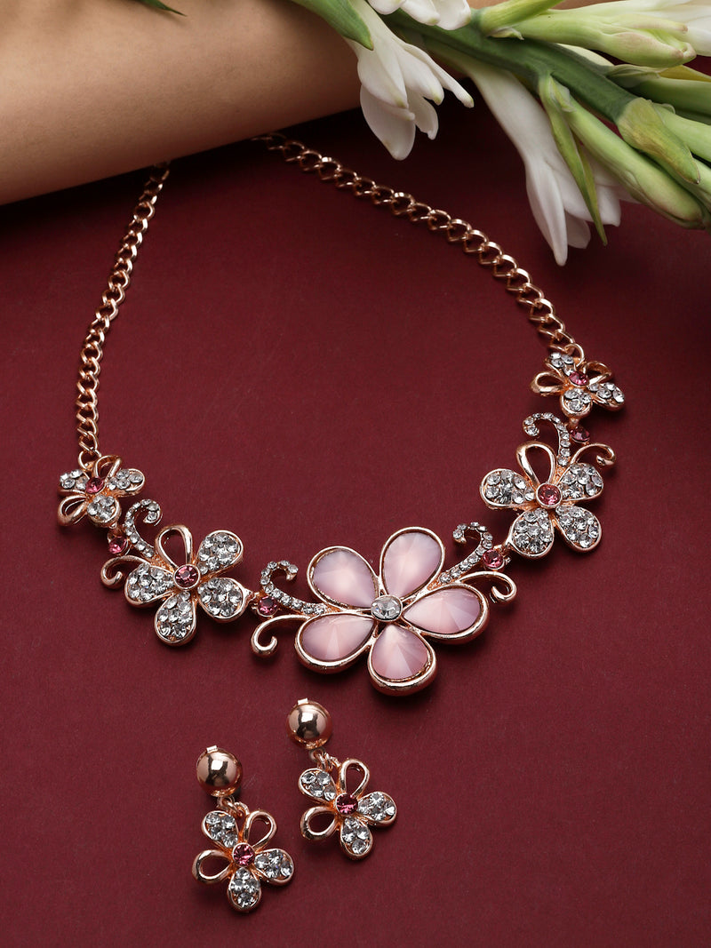 Rose Gold-Plated Pink American Diamonds Studded Floweret Necklace & Earrings Jewellery Set