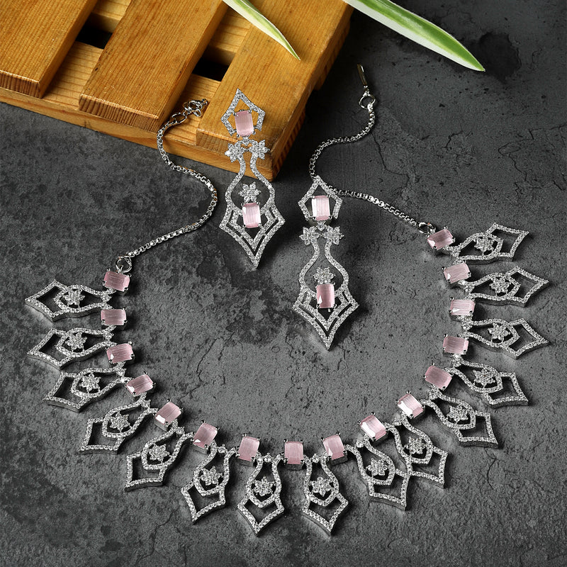 Rhodium-Plated Pink American Diamond Studded Tempted Necklace & Earrings Jewellery Set