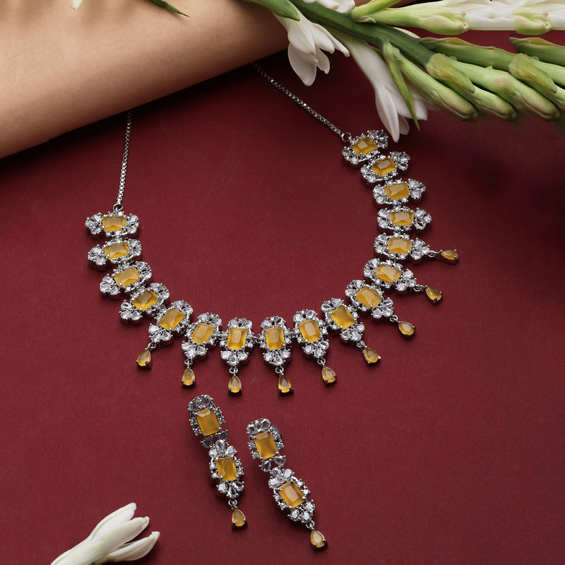 Rhodium-Plated Yellow American Diamonds Studded Teardrop & Cubical Necklace & Earrings Jewellery Set