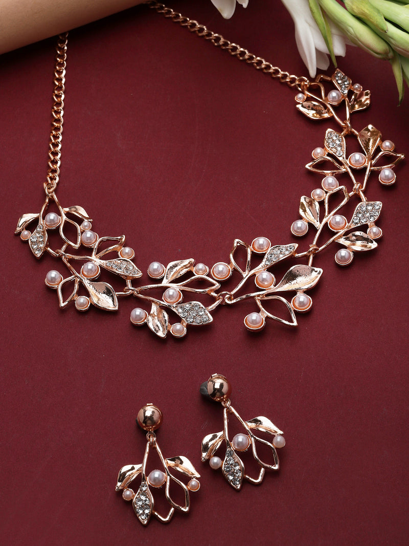 Rose Gold-Plated White Cubic Zirconia & White Pearls Studded Leaf Shaped Necklace with Earrings Jewellery Set