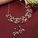 Rose Gold-Plated White Cubic Zirconia & White Pearls Studded Leaf Shaped Necklace with Earrings Jewellery Set