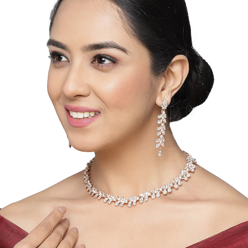 Rose Gold-Plated White Cubic Zirconia Studded Leafy Shaped Necklace with Earrings Jewellery Set