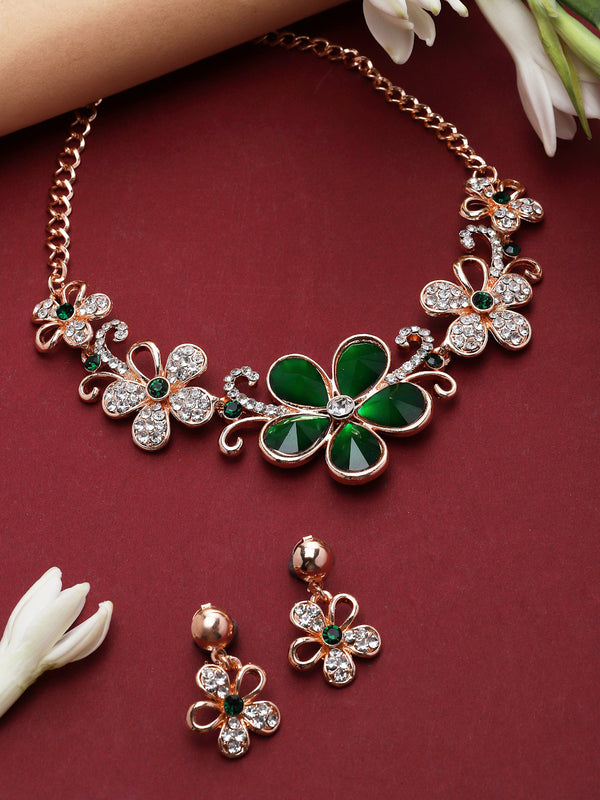 Rose Gold-Plated Green American Diamonds Studded Floweret Necklace & Earrings Jewellery Set