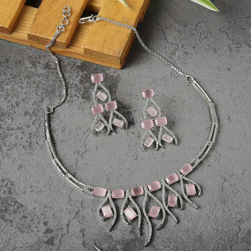 Rhodium-Plated Pink American Diamond Studded Contemporary Necklace with Earrings Jewellery Set
