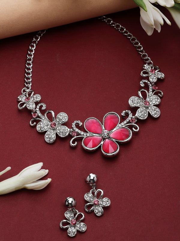 Rhodium-Plated Red American Diamonds Studded Floweret Necklace & Earrings Jewellery Set