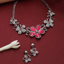 Rhodium-Plated Red American Diamonds Studded Floweret Necklace & Earrings Jewellery Set