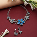 Rhodium-Plated Blue American Diamonds Studded Floweret Necklace & Earrings Jewellery Set