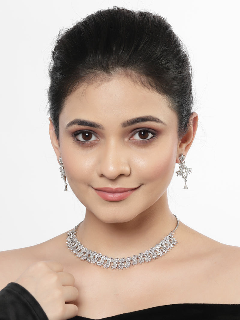 Rhodium-Plated with Silver-Toned White American Diamond Studded Embellish Statement Jewellery Set