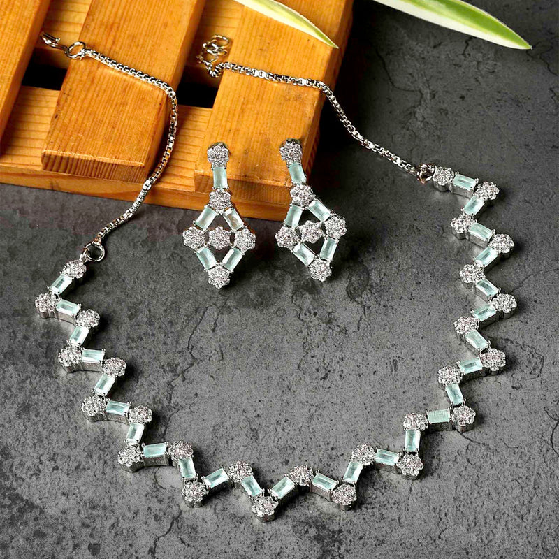 Rhodium-Plated Sea Green American Diamond Studded Necklace With Earrings Jewellery Set