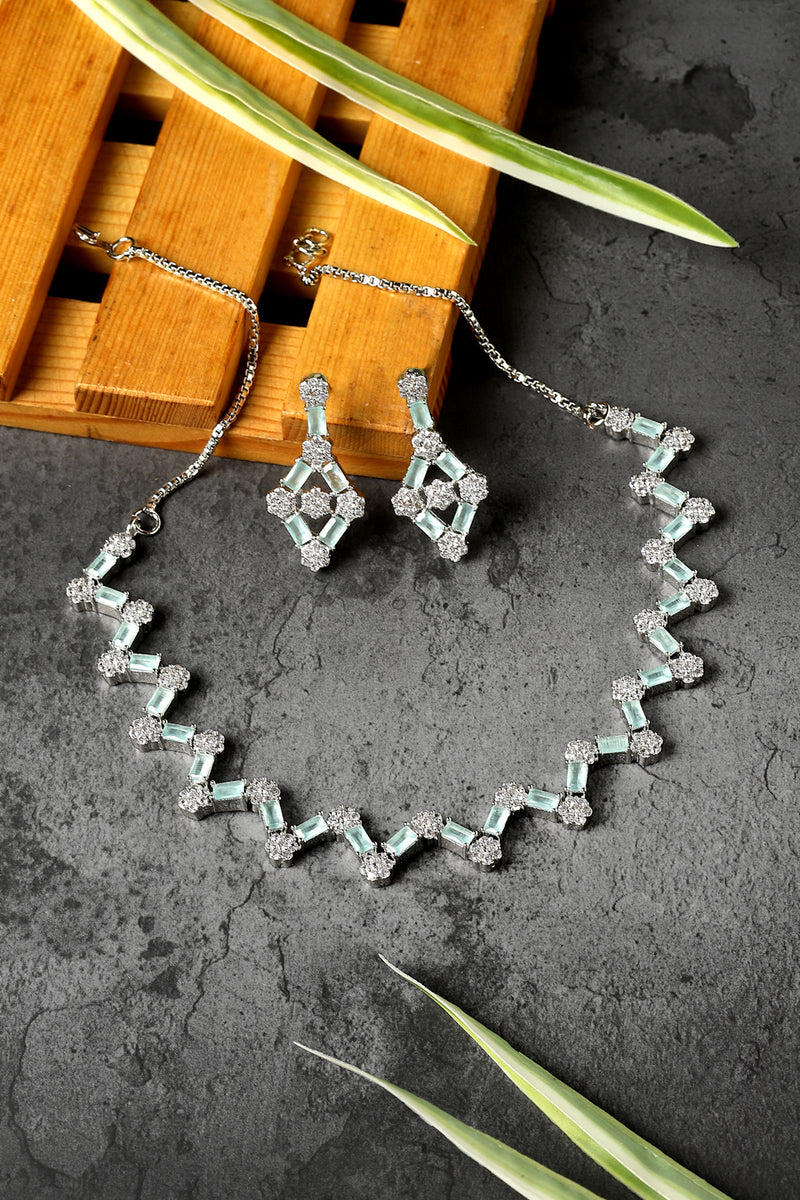 Rhodium-Plated Sea Green American Diamond Studded Necklace With Earrings Jewellery Set