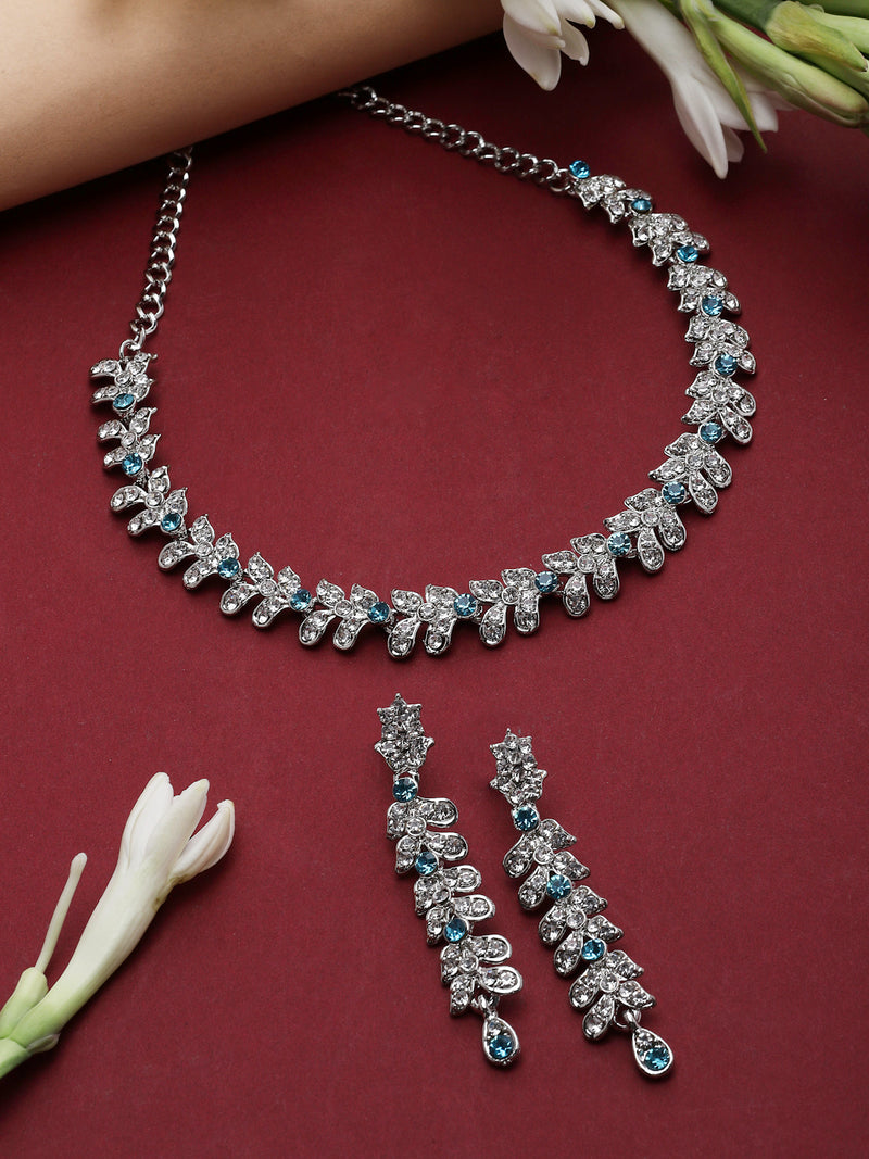 Rhodium-Plated Blue Cubic Zirconia Studded Leafy Shaped Necklace with Earrings Jewellery Set