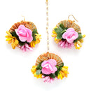 Gold-Plated Pearl Yellow & Pink Gota Patti Flower Maang Tikka Set