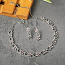 Rhodium-Plated American Diamond Studded Leaf & Circular Shaped Necklace With Earrings Set