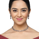 Rose Gold-Plated Gunmetal Toned Pink American Diamond Studded Disc-Shaped Necklace & Earrings Jewellery Set