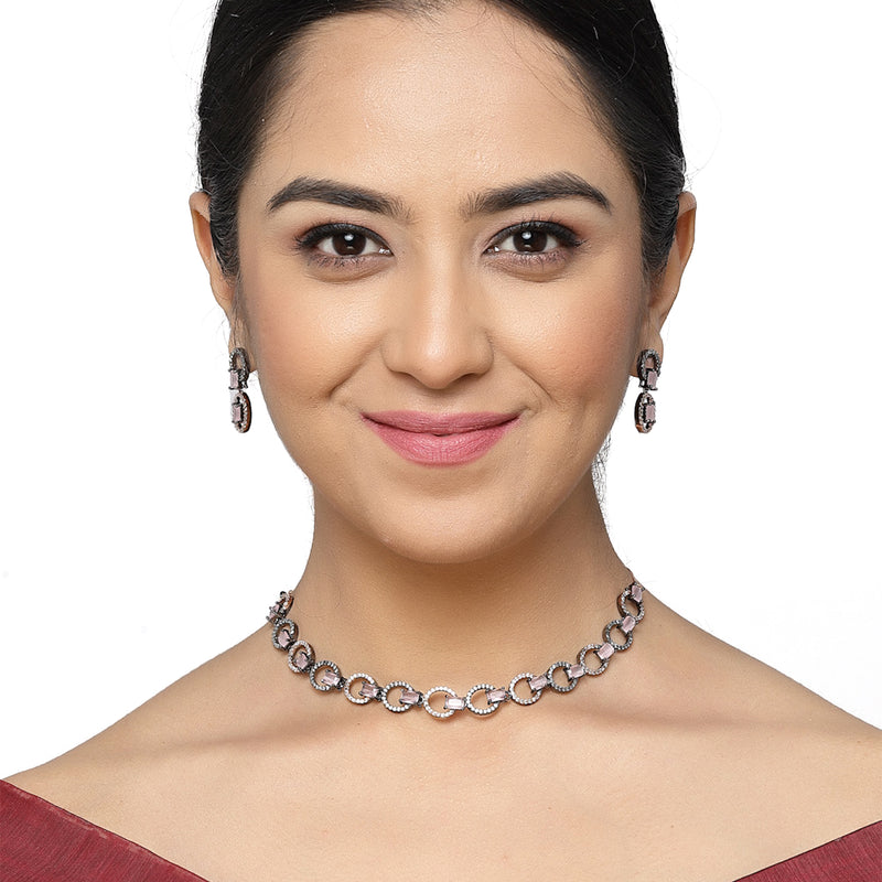 Rose Gold-Plated Gunmetal Toned Pink American Diamond Studded Disc-Shaped Necklace & Earrings Jewellery Set
