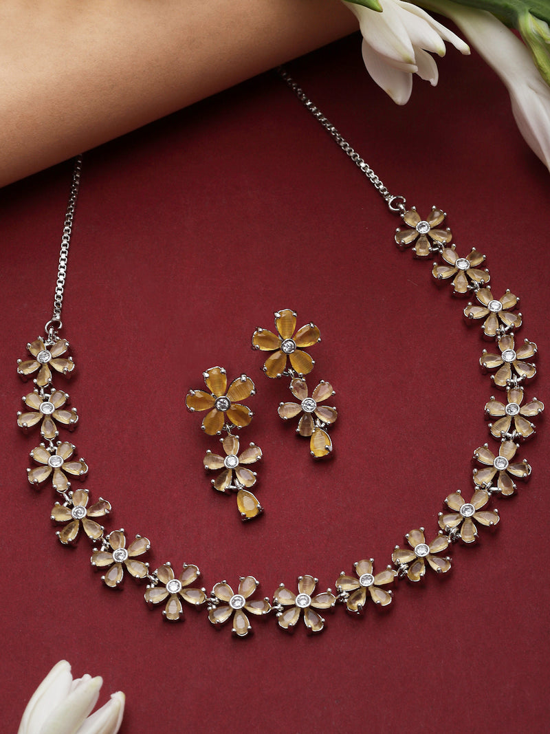 Rhodium-Plated Yellow American Diamonds Studded Floral Necklace & Earrings Jewellery Set