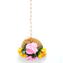 Gold-Plated Pearl Yellow & Pink Gota Patti Flower Maang Tikka Set