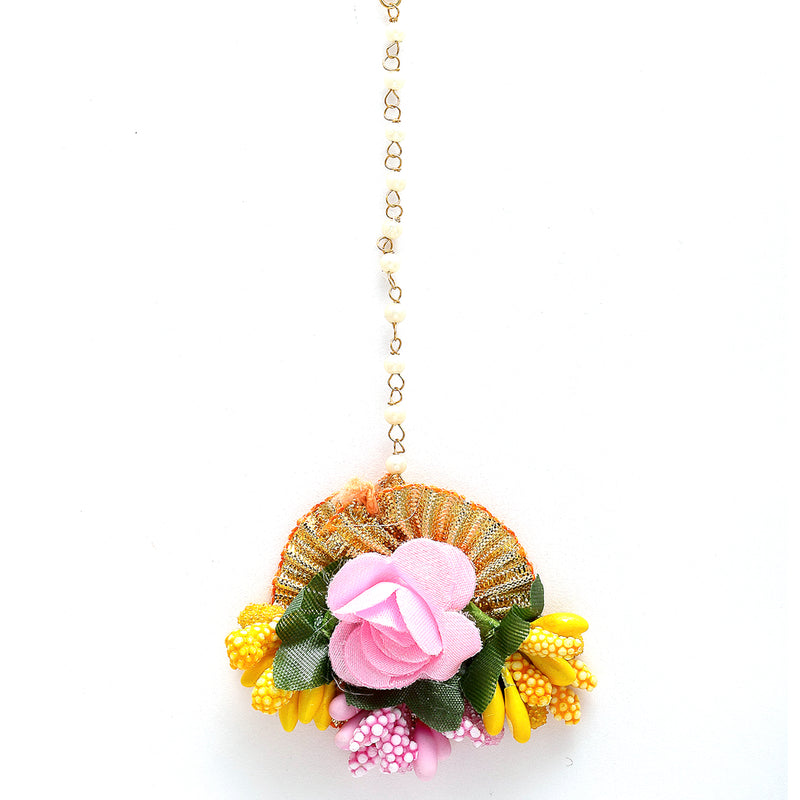Gold-Plated Pearl Yellow & Pink Gota Patti Flower Maang Tikka Set