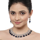 Rhodium-Plated with Silver-Toned Navy Blue and White American Diamond Studded Choker Necklace and Drop Earrings Jewellery Set