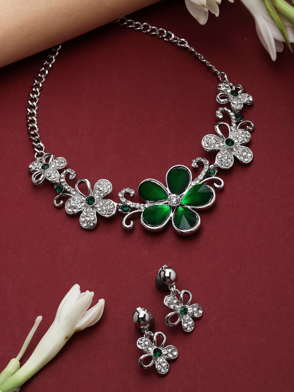 Rhodium-Plated Green American Diamonds Studded Floweret Necklace & Earrings Jewellery Set