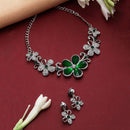 Rhodium-Plated Green American Diamonds Studded Floweret Necklace & Earrings Jewellery Set