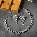 Rhodium-Plated Sea Green American Diamond Studded Leaf Shaped Necklace with Earrings Jewellery Set