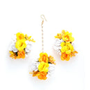 Gold-Plated Pearl White & Yellow Gota Patti Flower Maang Tikka Set