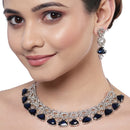Rhodium-Plated with Silver-Toned Navy Blue and White American Diamond Studded Choker Necklace and Drop Earrings Jewellery Set