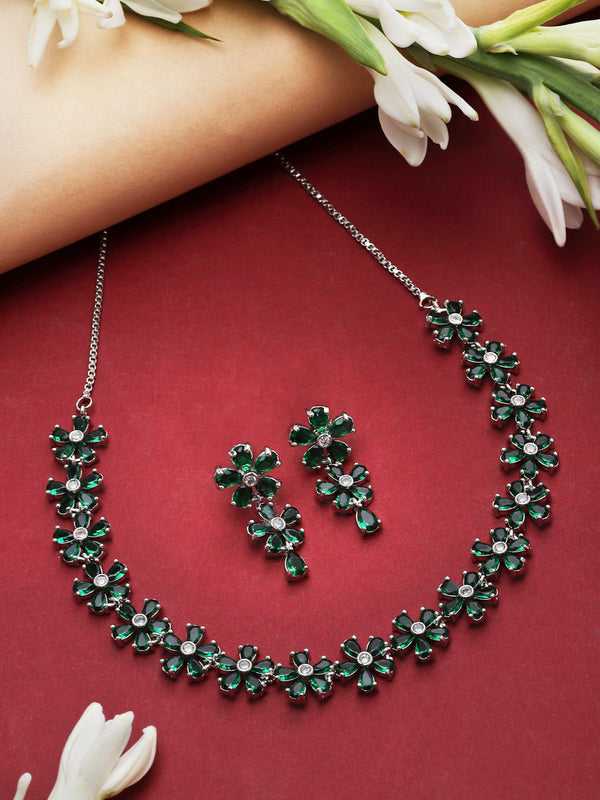 Rhodium-Plated Green American Diamonds Studded Floral Necklace & Earrings Jewellery Set