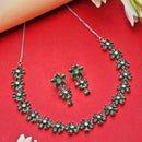 Rhodium-Plated Green American Diamonds Studded Floral Necklace & Earrings Jewellery Set