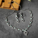 Rhodium-Plated Sea Green American Diamond Studded Heart Design Necklace & Earrings Jewellery Set
