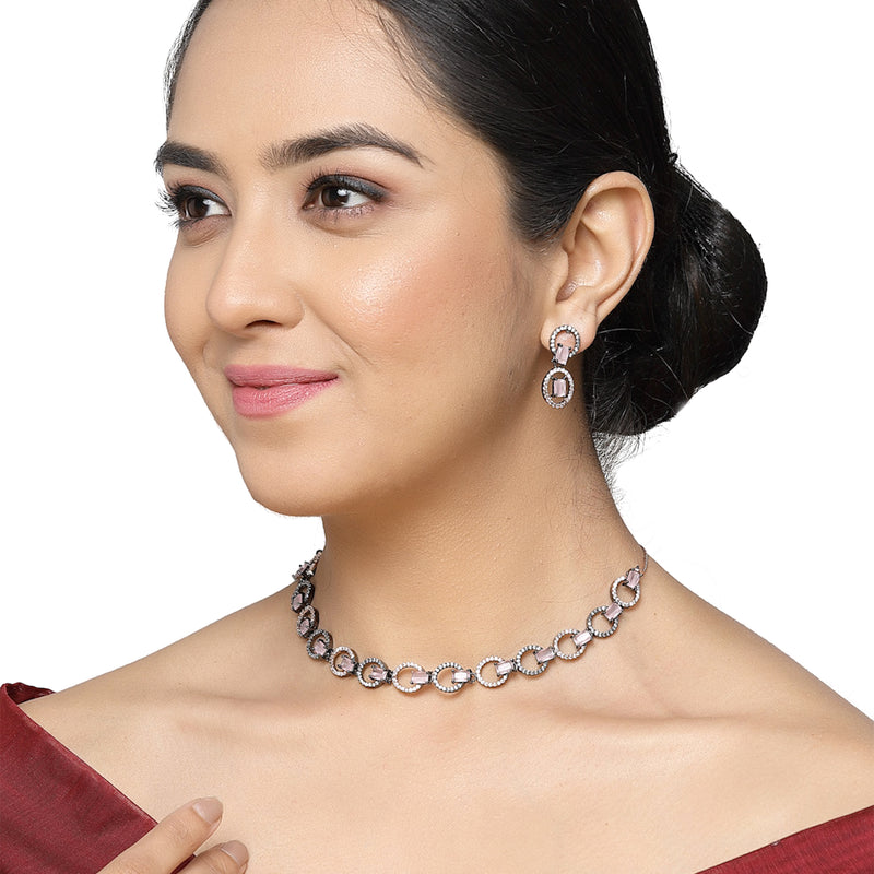 Rose Gold-Plated Gunmetal Toned Pink American Diamond Studded Disc-Shaped Necklace & Earrings Jewellery Set