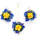 Gold-Plated Pearl Yellow & Blue Gota Patti Flower Maang Tikka Set