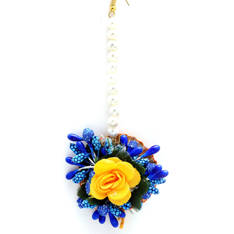 Gold-Plated Pearl Yellow & Blue Gota Patti Flower Maang Tikka Set