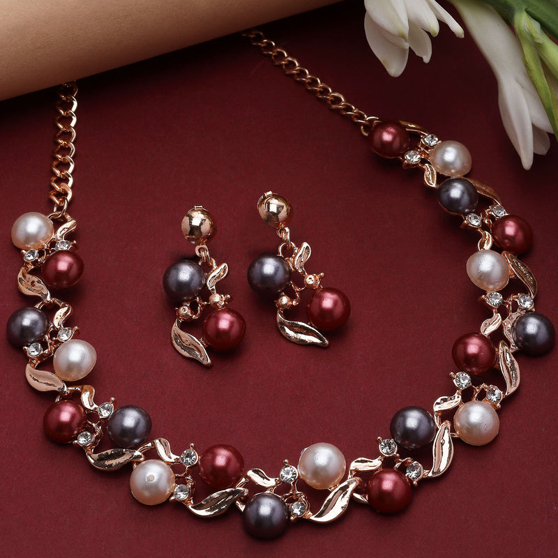 Rose Gold-Plated Red & White Artificial Stones Studded Leafy Shaped Necklace with Earrings Jewellery Set