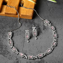 Rhodium-Plated Pink American Diamonds Studded Cubical Necklace & Earrings Jewellery Set