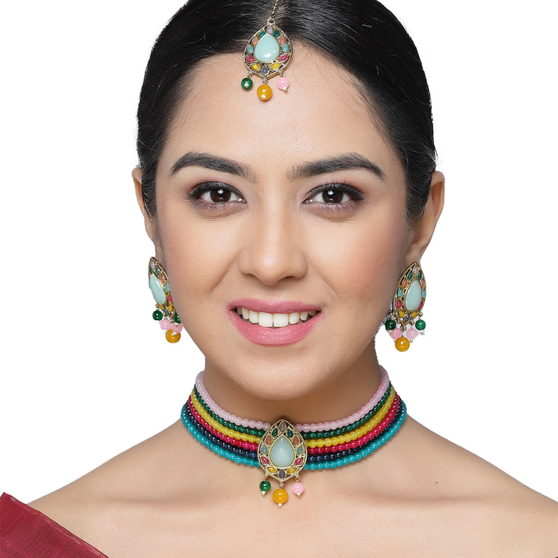 Gold-Plated Multi-Colour Artificial Stones and Beads Studded Jewellery Set