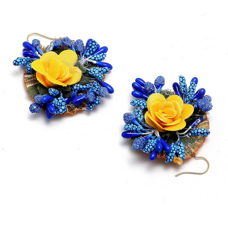 Gold-Plated Pearl Yellow & Blue Gota Patti Flower Maang Tikka Set