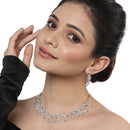 Rhodium-Plated with Silver-Toned Leaf Design White American Diamond Studded Jewellery Set