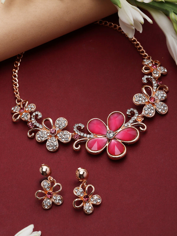 Rose Gold-Plated Red American Diamonds Studded Floweret Necklace & Earrings Jewellery Set