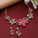 Rose Gold-Plated Red American Diamonds Studded Floweret Necklace & Earrings Jewellery Set