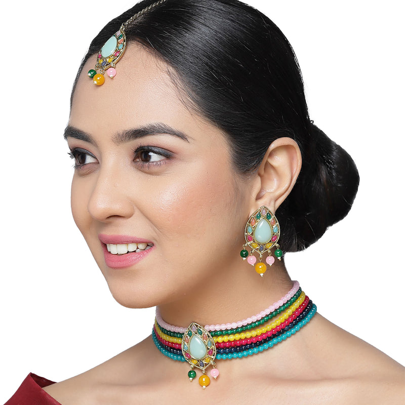 Gold-Plated Multi-Colour Artificial Stones and Beads Studded Jewellery Set