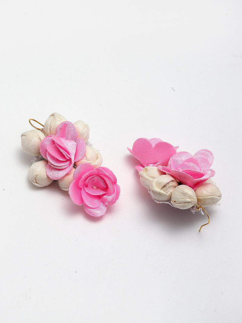 Pink Rose & White Beads Gota Patti Maang Tikka With Earring