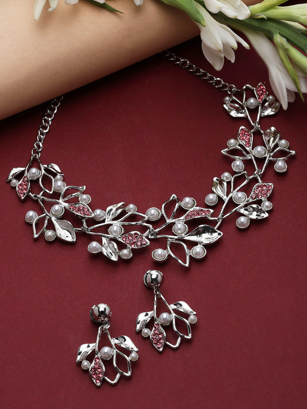 Silver-Plated Pink Cubic Zirconia & White Pearls Studded Leaf Shaped Necklace with Earrings Jewellery Set