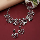 Silver-Plated Pink Cubic Zirconia & White Pearls Studded Leaf Shaped Necklace with Earrings Jewellery Set