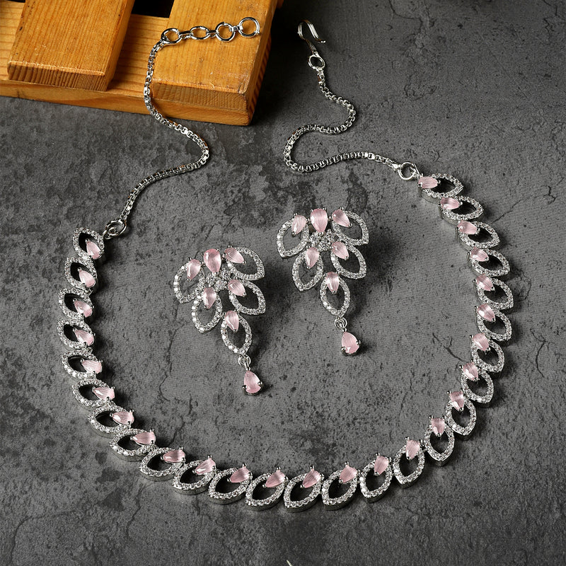 Rhodium-Plated Pink American Diamond Studded Leaf Shaped Necklace with Earrings Jewellery Set