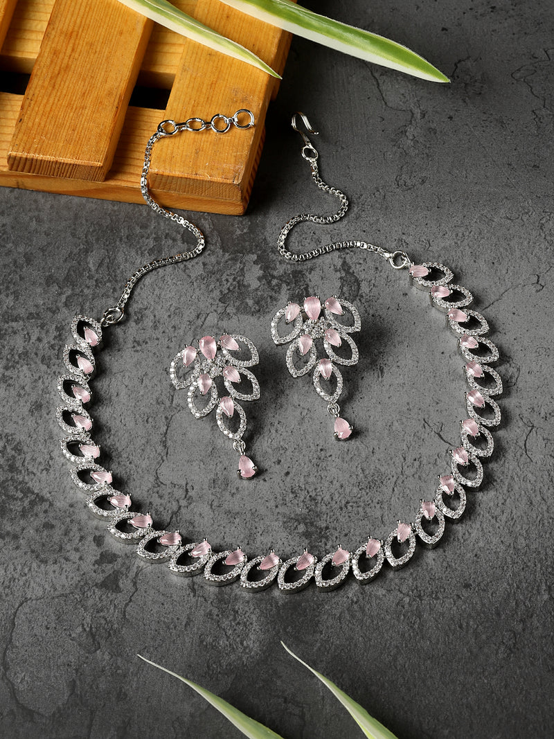 Rhodium-Plated Pink American Diamond Studded Leaf Shaped Necklace with Earrings Jewellery Set