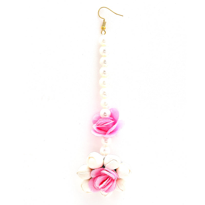 Gold-Plated Pearl White & Pink Gota Patti Flower Maang Tikka Set