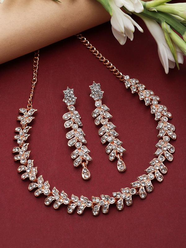 Rose Gold-Plated White Cubic Zirconia Studded Leafy Shaped Necklace with Earrings Jewellery Set